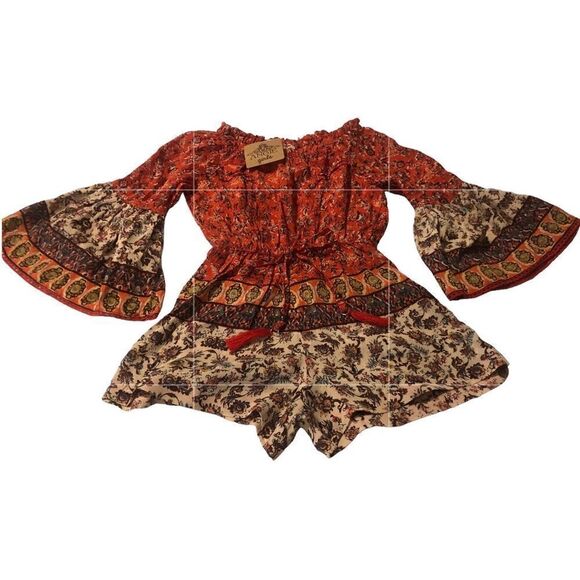 NWT Angie Girls Red Summer Romper Jumpsuit Elastic Neck Waist Wide Long Sleeves - Picture 4 of 8